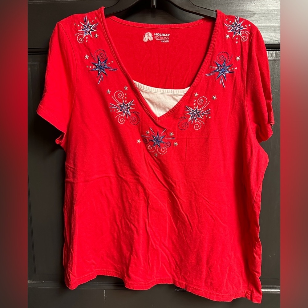 Holiday Editions Patriotic V-Neck Top Red with Blue & White Stars Women’s Sz XXL
